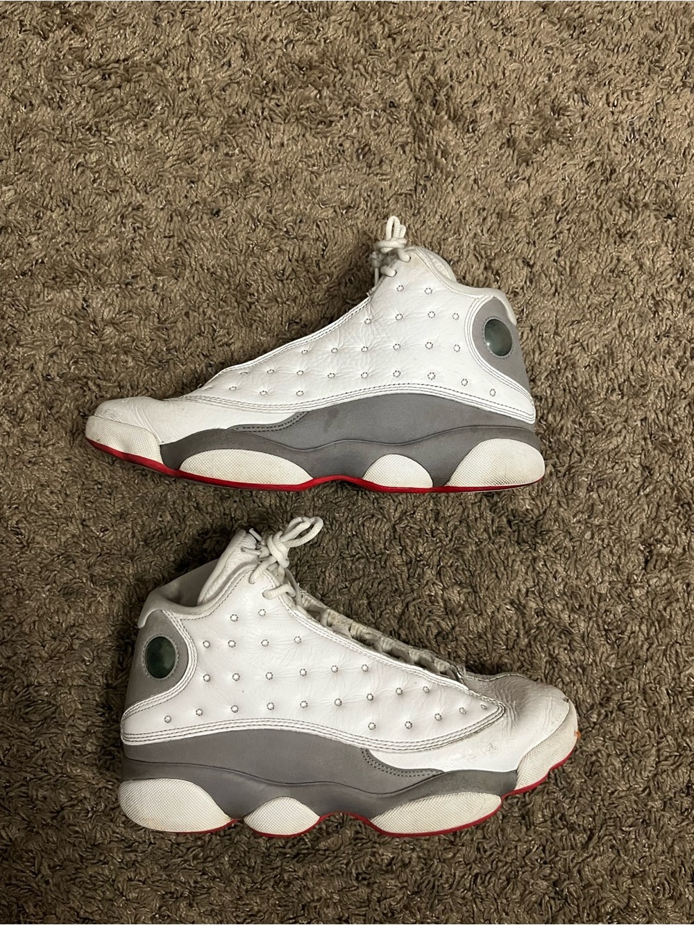 Jordan 13 White, Gray & Red Retro Basketball Sneakers wolf grey